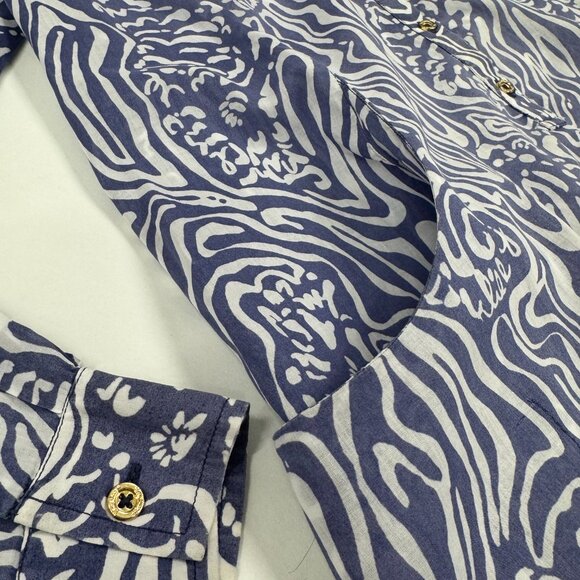 Blue & White Wave-Print Summer Shirt Dress / Cover-Up - Picture 6 of 9